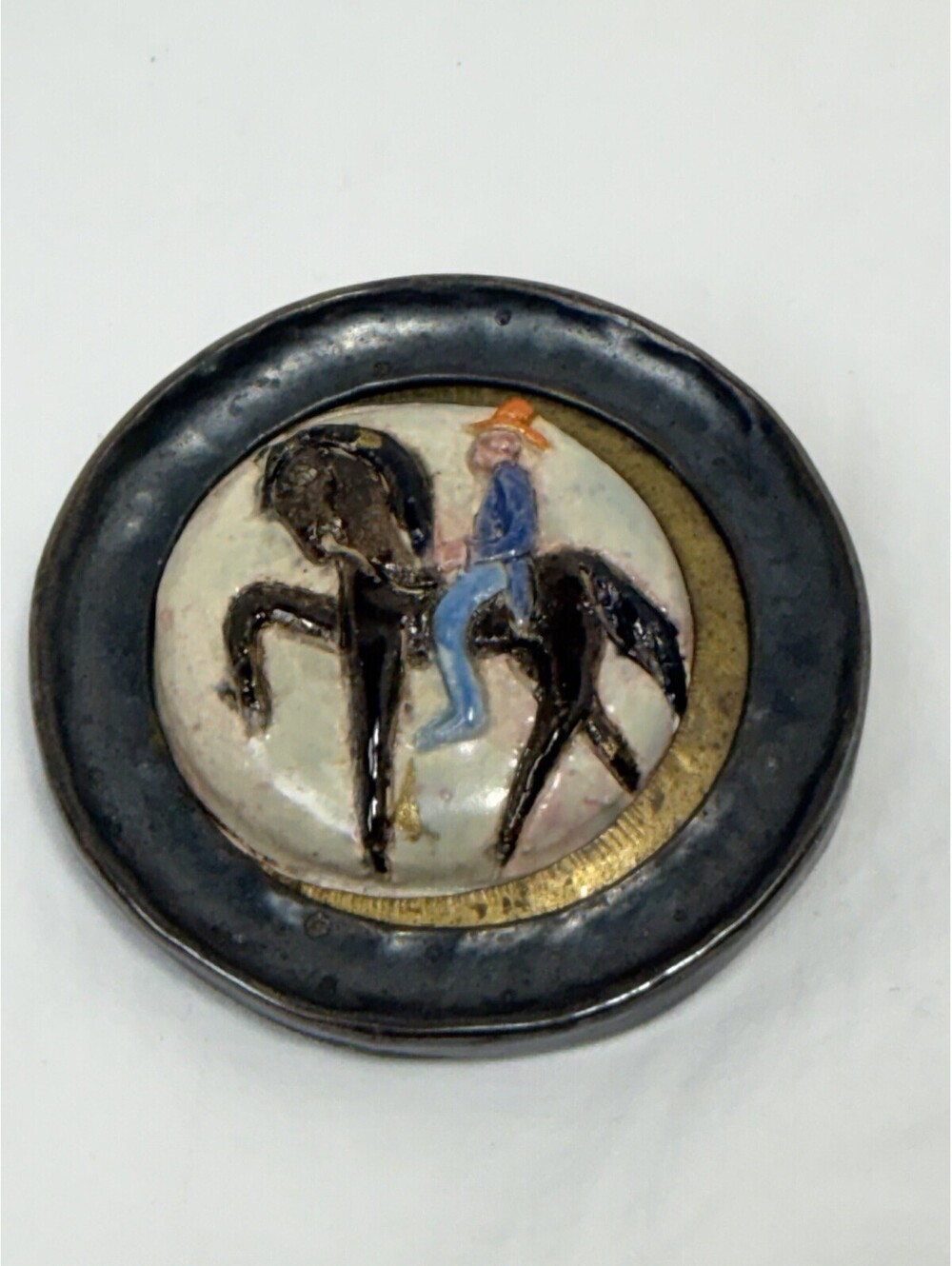 Antique French Faience Equestrian Pin, Hand-Painted Ceramic Picador Brooch Pin
